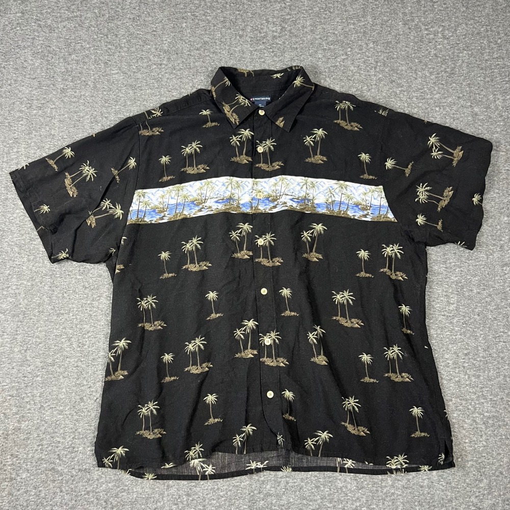 Knightsbridge Button Up Hawaiian Shirt Mens 2X Black Tropical Palm Tree Rayon